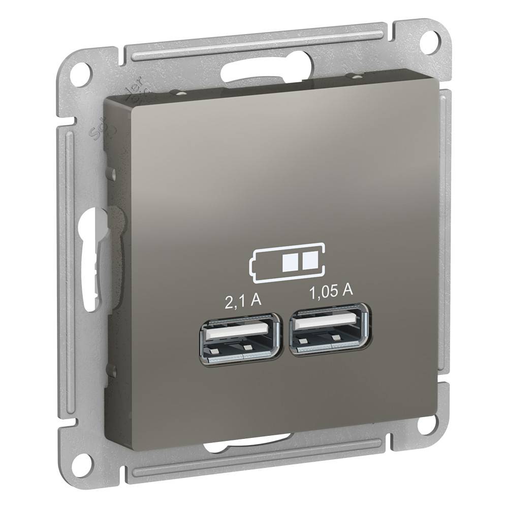 фото Механизм розетки USB 5В 1 порт x 2.1 А 2 порта х 1.05 А AtlasDesign сталь ATN000933 SE от магазина Моя Электрика