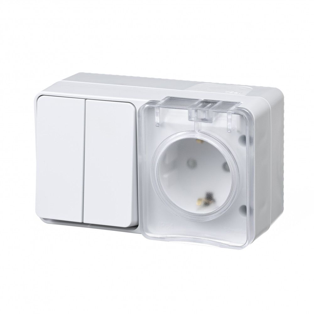 фото Блок ОП AtlasDesign Profi IP54 розетка с/з шторки 16A, выкл. 2-клав. 10AX белый ATN540174 SE от магазина Моя Электрика