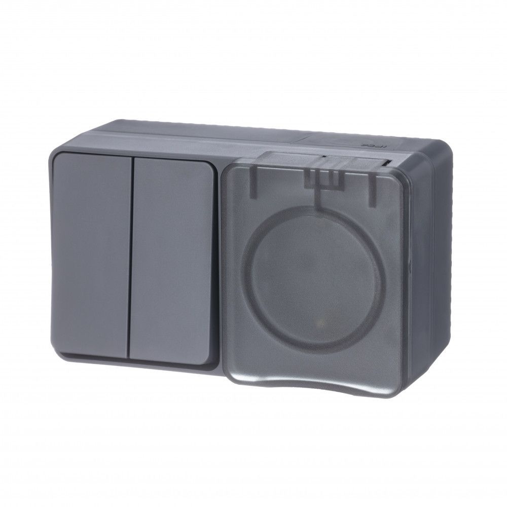 фото Блок ОП AtlasDesign Profi IP54 розетка с/з шторки 16A, выкл. 2-клав. 10AX антрацит ATN544074 SE от магазина Моя Электрика