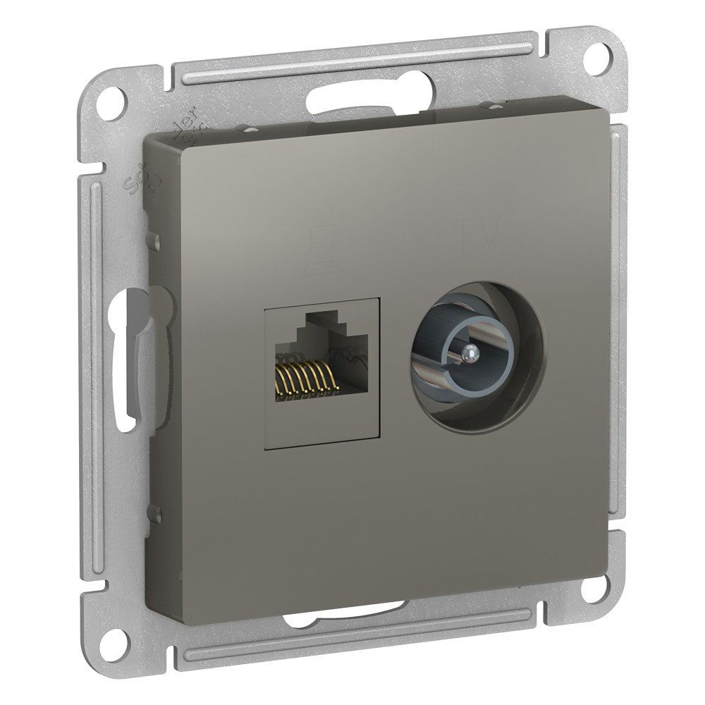фото Механизм розетки двойная комп+ТВ RJ45+TV кат.5E AtlasDesign сталь ATN000989 SE от магазина Моя Электрика