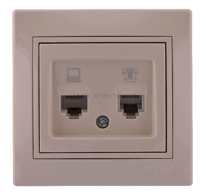 фото Розетка компьютерная + телеф. СП Мира RJ11 + RJ45 крем/крем. Lezard 701-0303-143 от магазина Моя Электрика