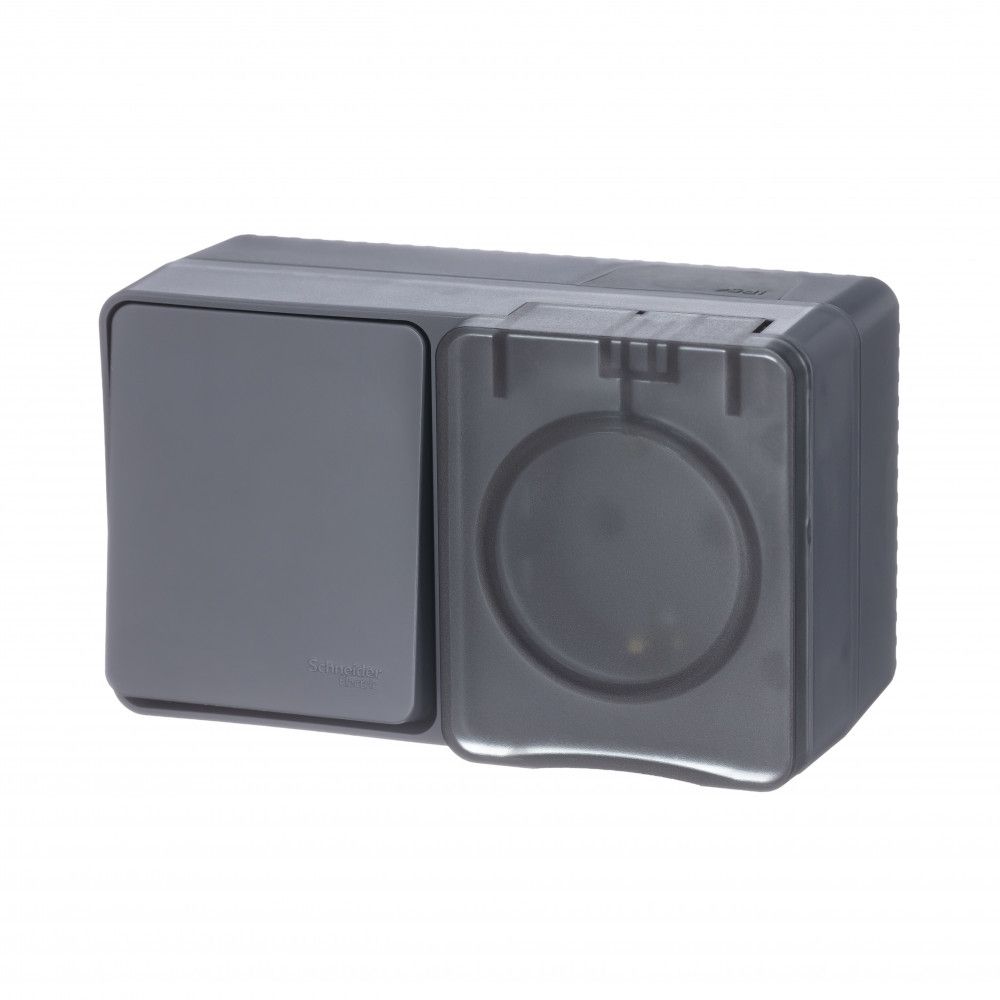 фото Блок ОП AtlasDesign Profi IP54 розетка с/з шторки 16A, выкл. 1-клав. 10AX антрацит ATN544070 SE от магазина Моя Электрика