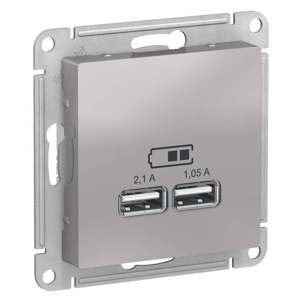 фото Механизм розетки USB 5В 1 порт x 2,1 А 2 порта х 1,05 А AtlasDesign алюминий ATN000333 SE от магазина Моя Электрика