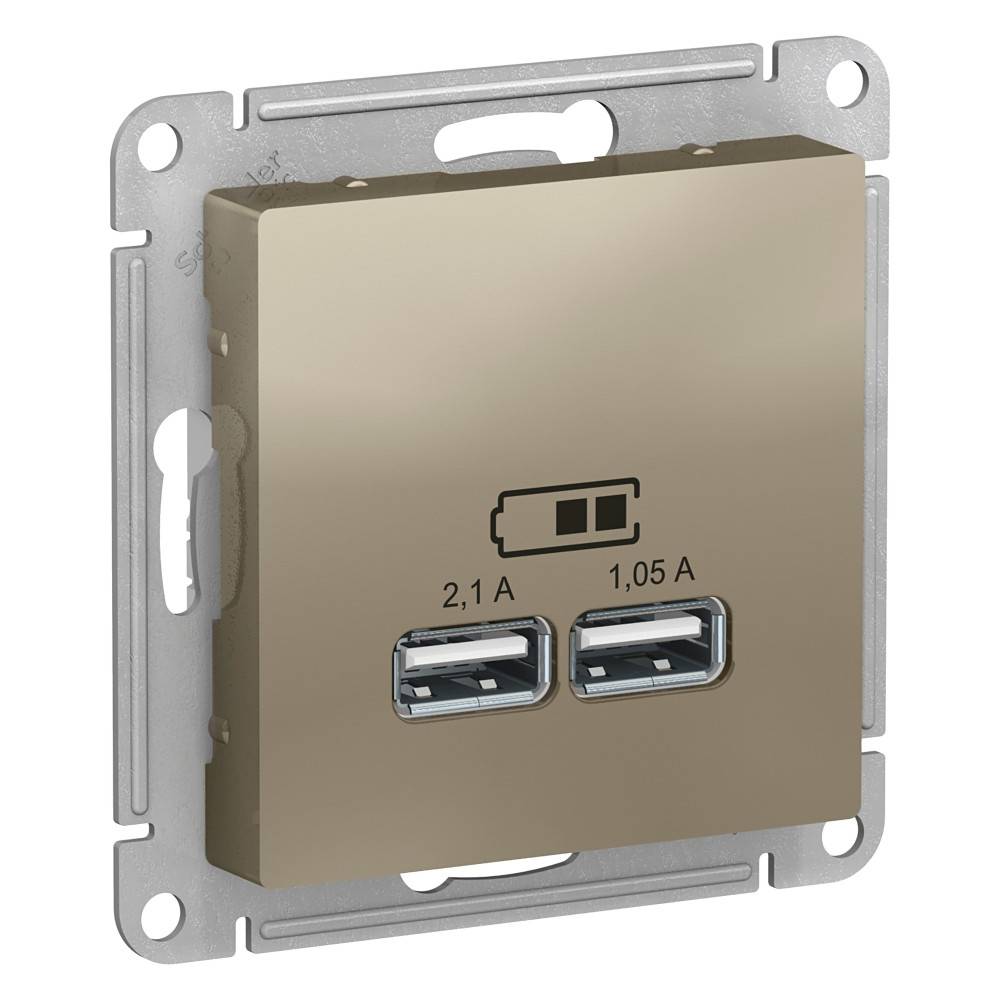 фото Механизм розетки USB 5В 1 порт x 2.1 А 2 порта х 1.05 А AtlasDesign шампань ATN000533 SE от магазина Моя Электрика